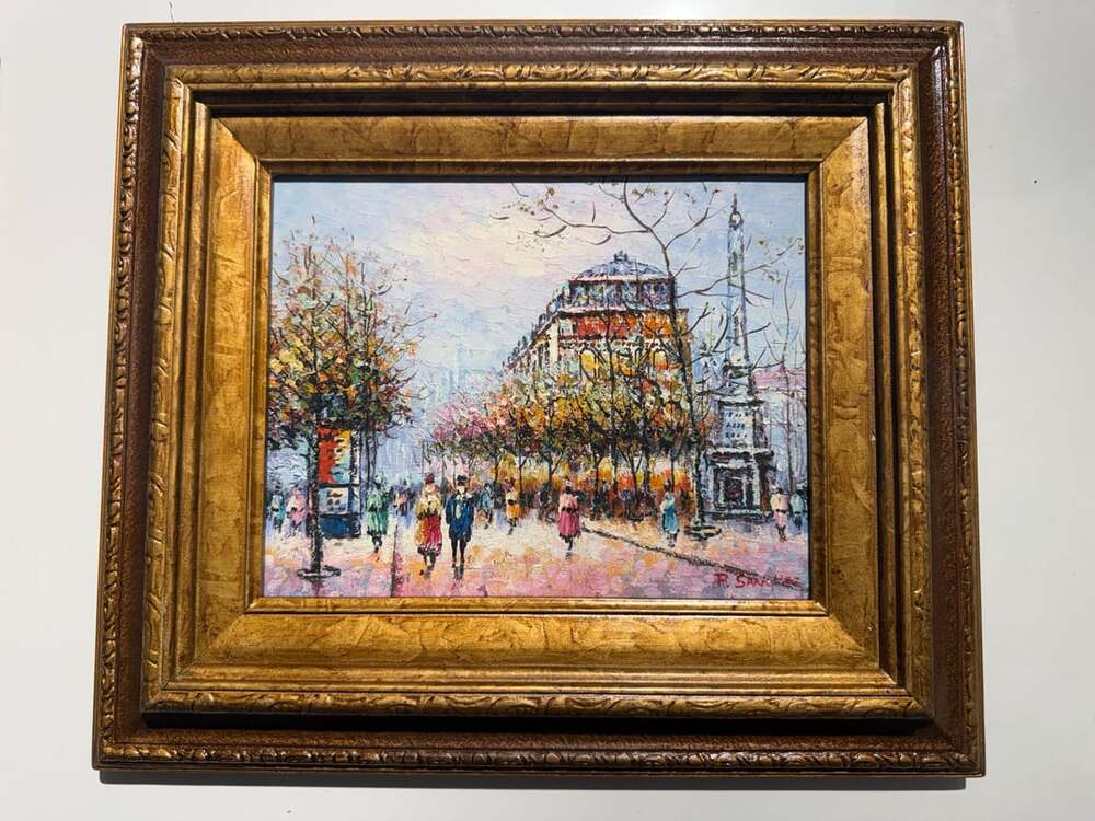 P. Sanchez Paris Street View Oil Painting in Ornate Gilt Frame